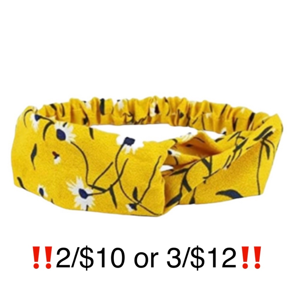 Yellow Floral Elastic Stretch Twisted No Slip Black White Yellow Flower Headband